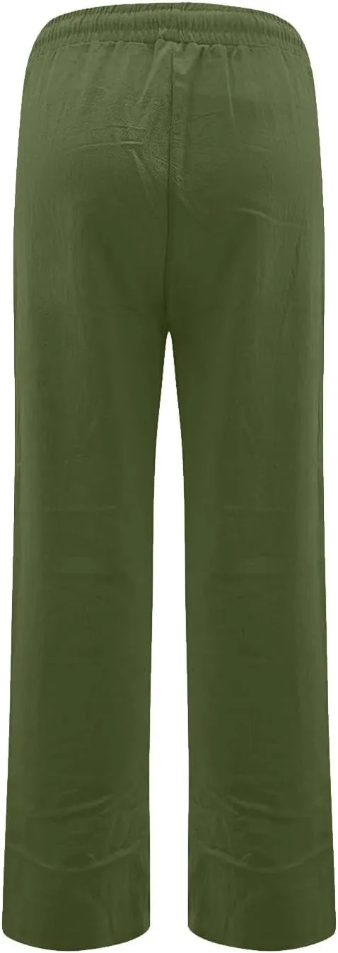Gumipy Womens Casual Linen Pants Drawstring High Waisted Straight Leg Trousers Pants Trendy Loose Lounge Pants with Pockets