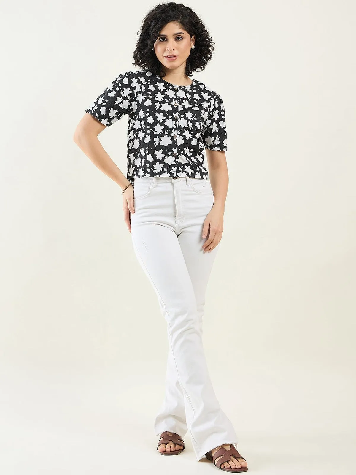 Half-Sleeves Floral Cropped Shirt top