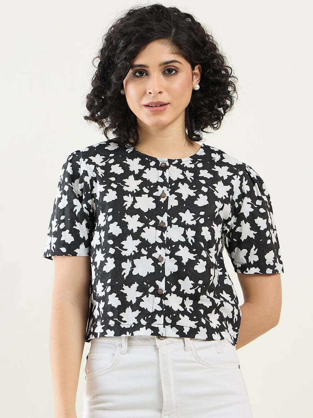 Half-Sleeves Floral Cropped Shirt top