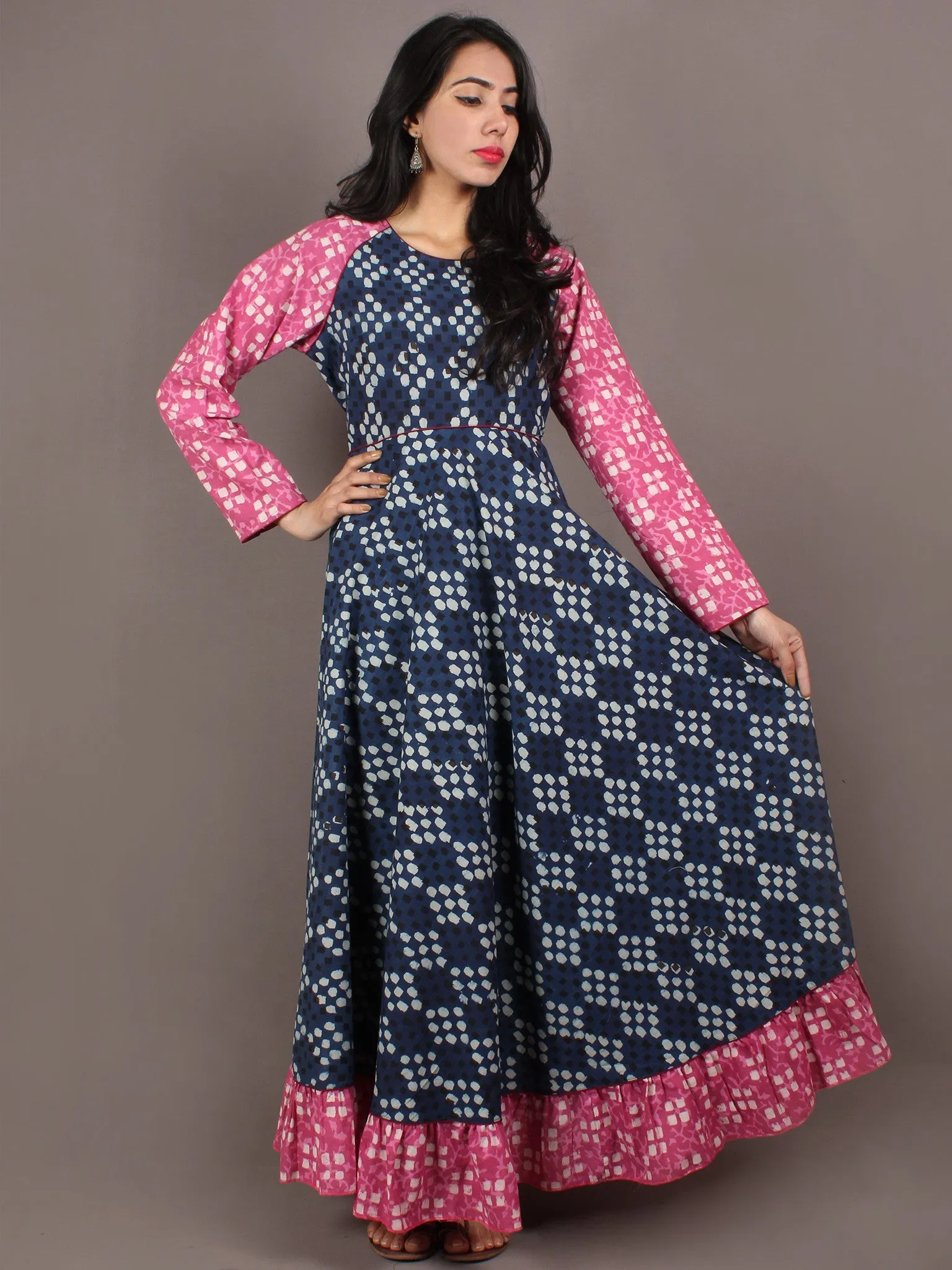 Indigo Pink Black White Hand Block Printed Long Cotton Dress With Gather - D0639015