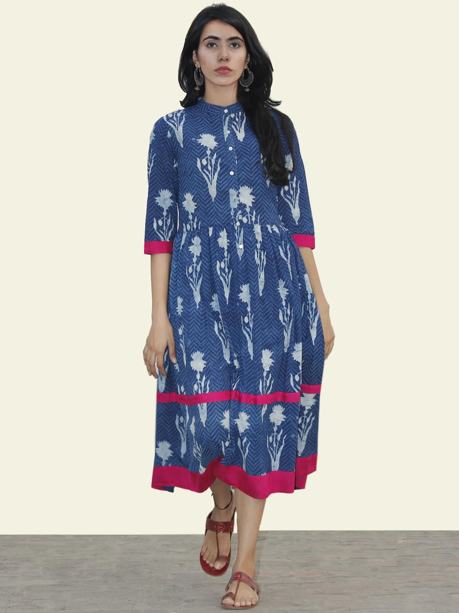 Indigo White Magenta Hand Blocked Cotton Midi Dress With Side Pockets  - D155F903