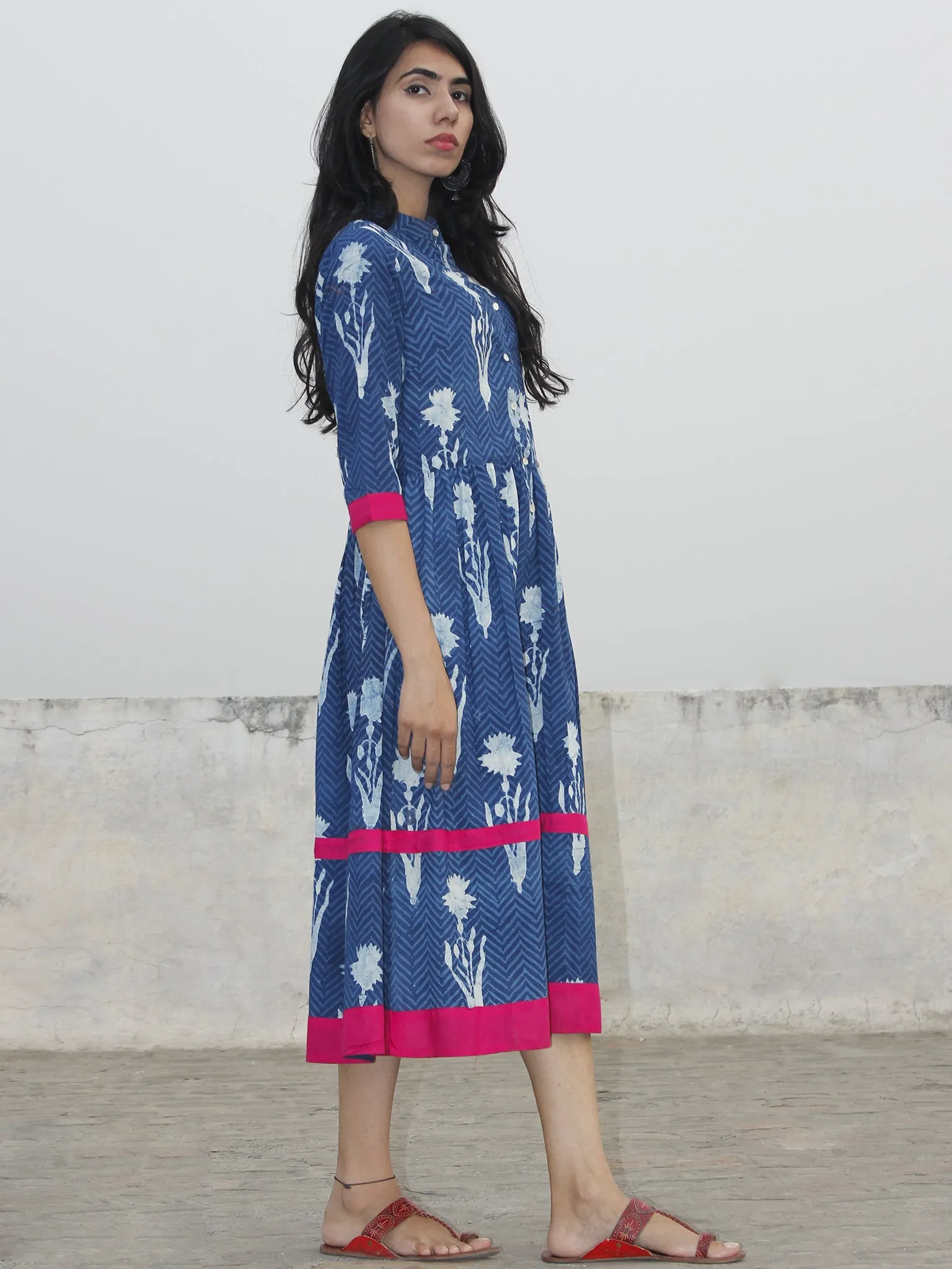Indigo White Magenta Hand Blocked Cotton Midi Dress With Side Pockets  - D155F903