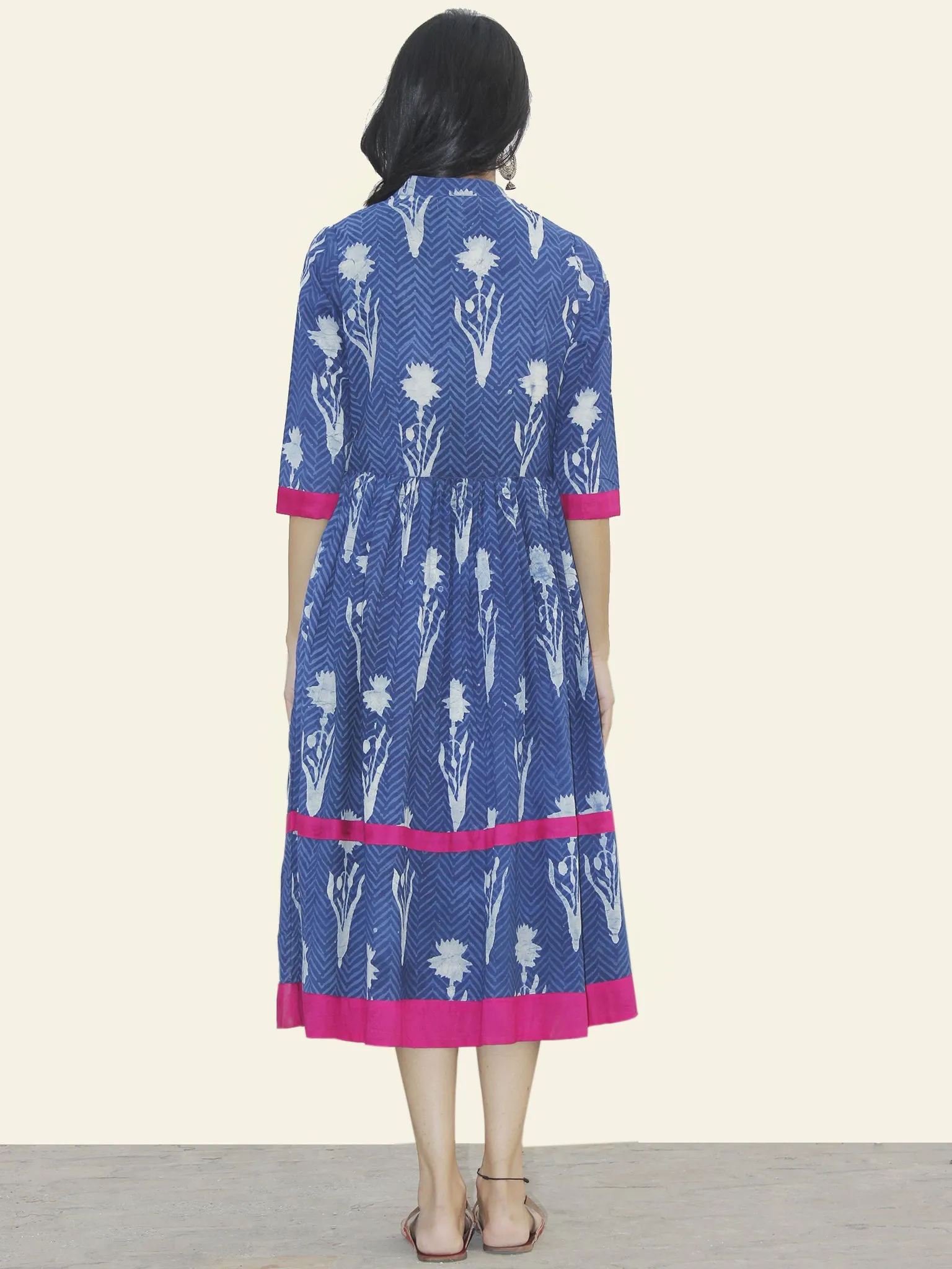 Indigo White Magenta Hand Blocked Cotton Midi Dress With Side Pockets  - D155F903