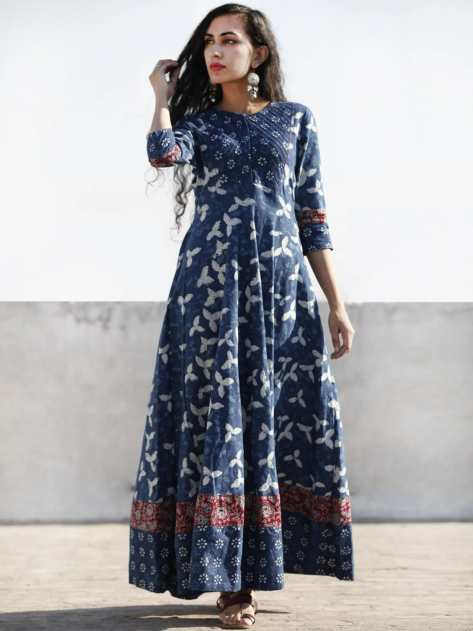 Indigo White Red Hand Block Printed Cotton Dress With Pin Tuck  - D204F1110
