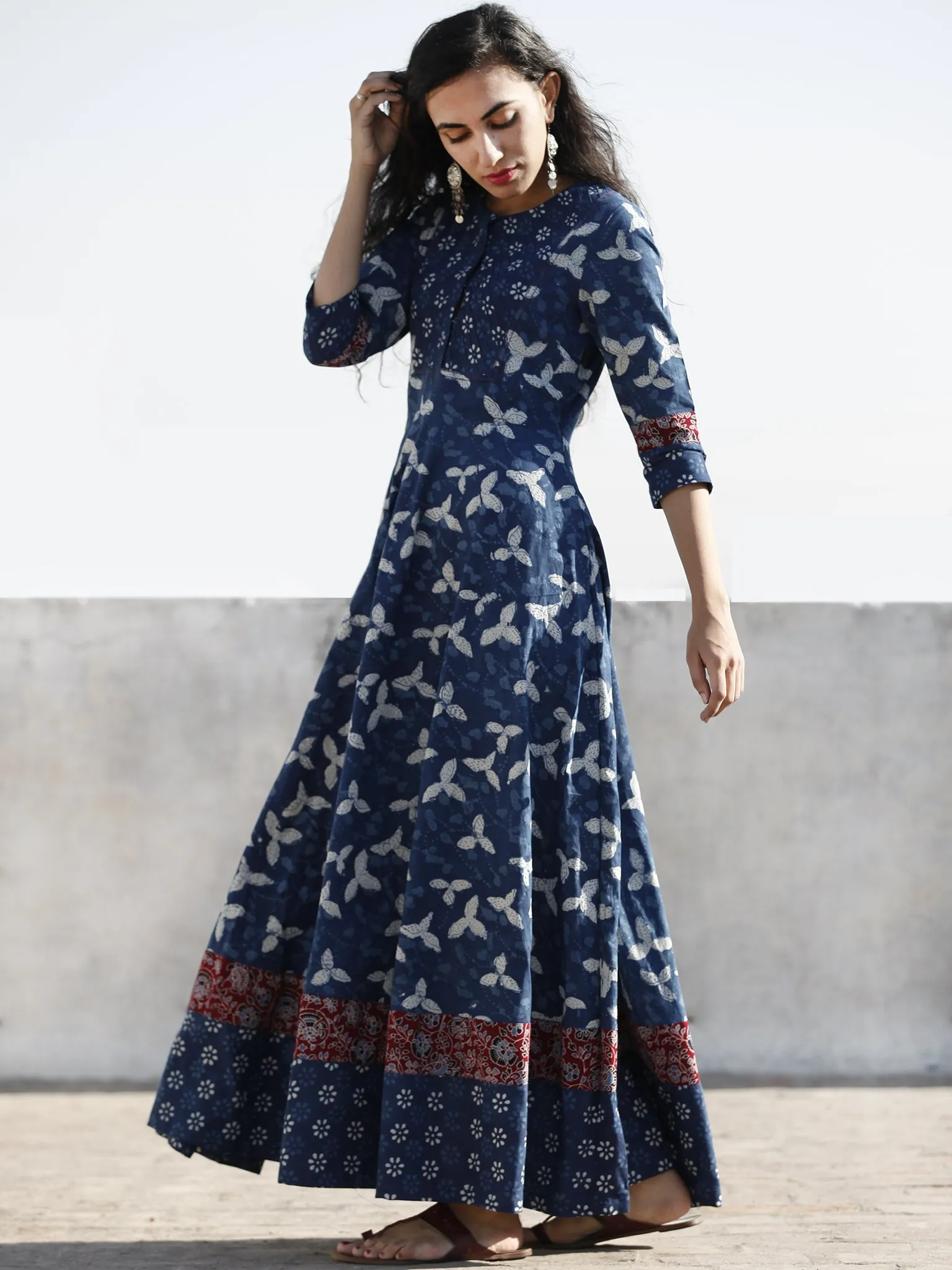 Indigo White Red Hand Block Printed Cotton Dress With Pin Tuck  - D204F1110