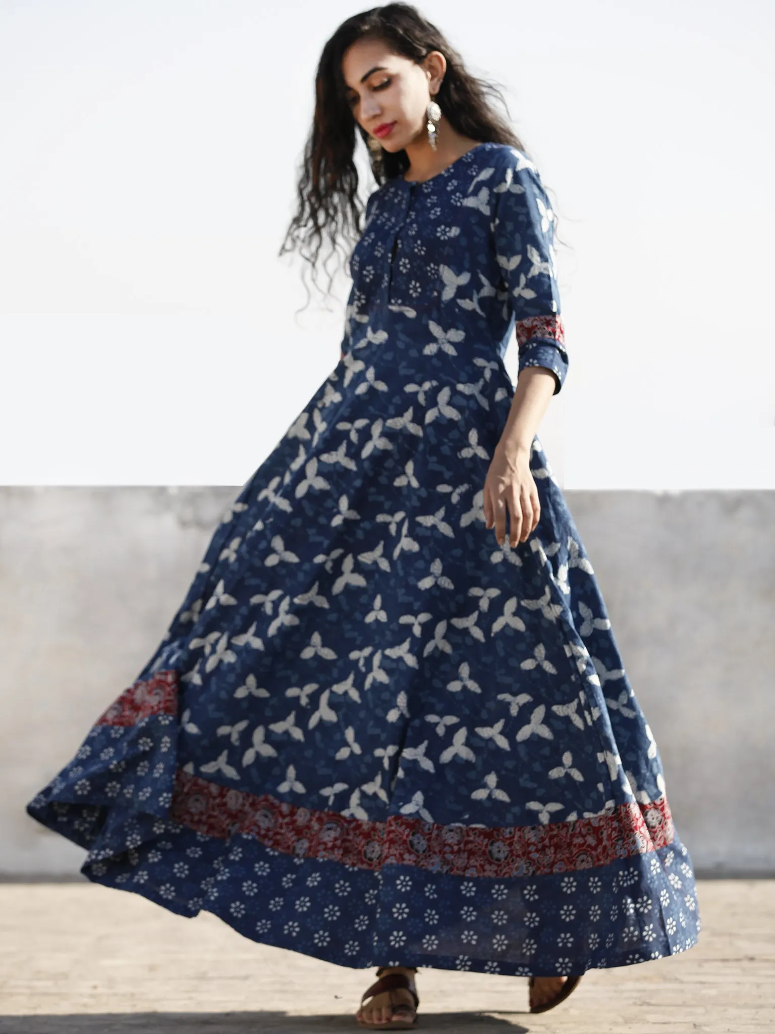 Indigo White Red Hand Block Printed Cotton Dress With Pin Tuck  - D204F1110