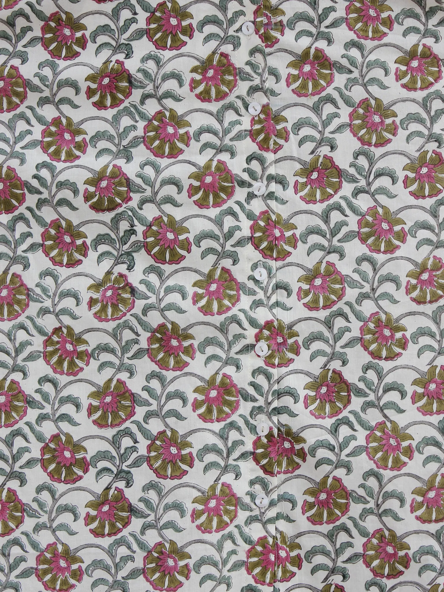 Ivory Pink Green Grey Long Front Open Hand Block Printed Cotton Dress With Lining - D149F1098
