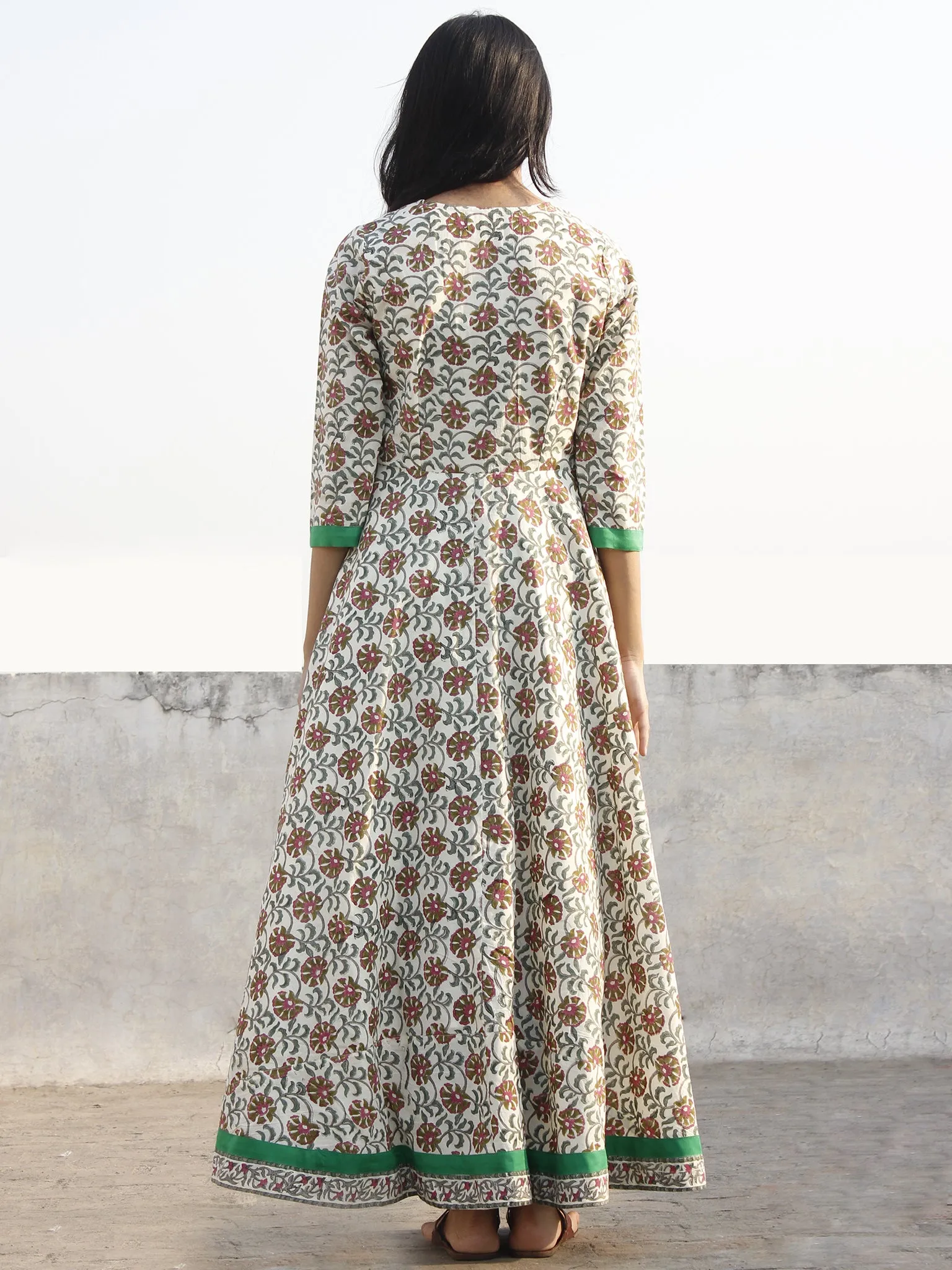 Ivory Pink Green Grey Long Front Open Hand Block Printed Cotton Dress With Lining - D149F1098