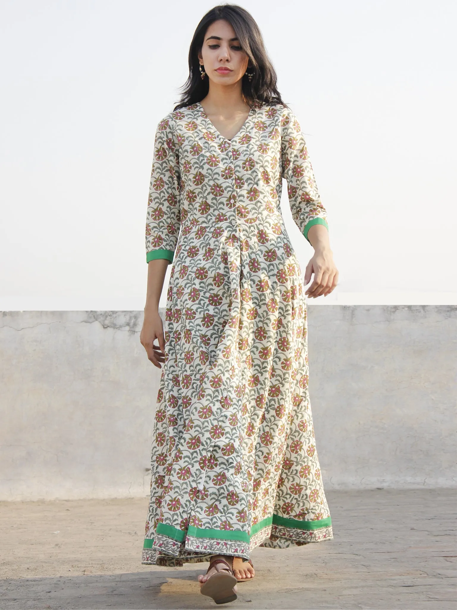 Ivory Pink Green Grey Long Front Open Hand Block Printed Cotton Dress With Lining - D149F1098