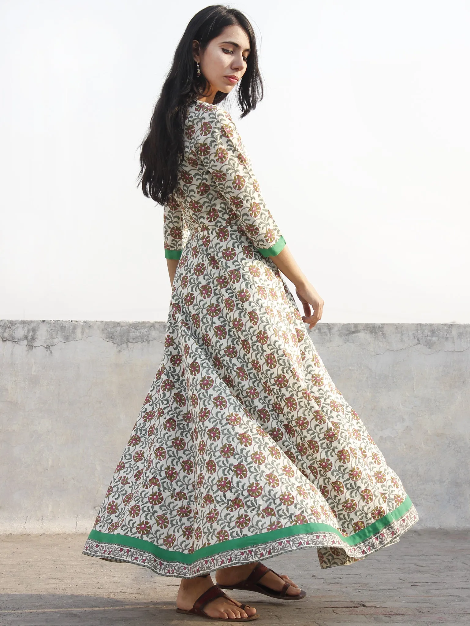 Ivory Pink Green Grey Long Front Open Hand Block Printed Cotton Dress With Lining - D149F1098