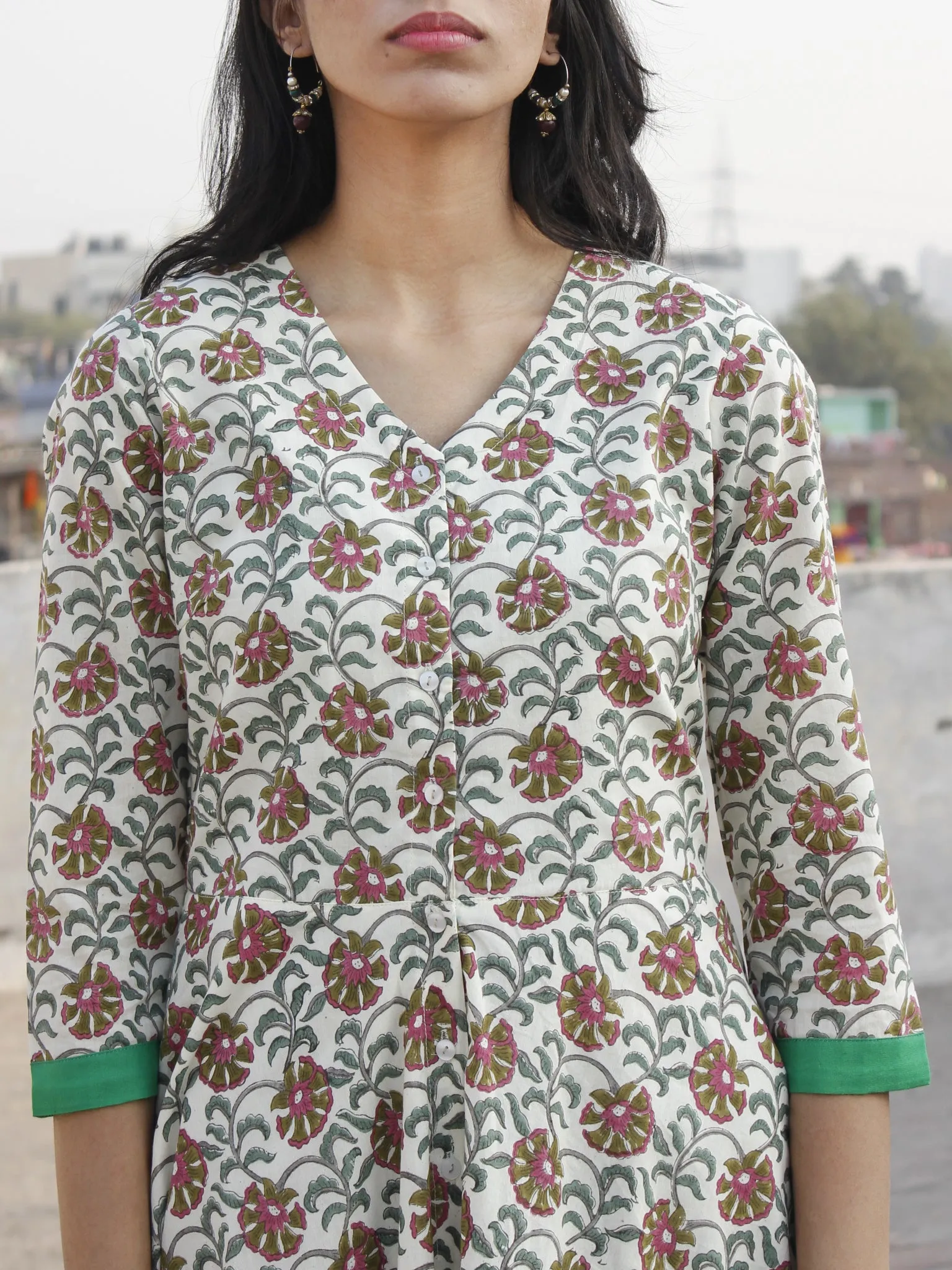 Ivory Pink Green Grey Long Front Open Hand Block Printed Cotton Dress With Lining - D149F1098