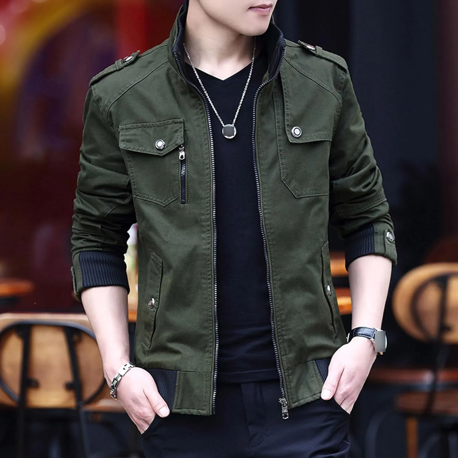 JEKE-DG Men's Stand Collar Fashion Denim Jacket Military Slim Fit Jean Jacket Full Zip Casual Multipocket Jean Coat