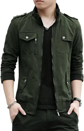 JEKE-DG Men's Stand Collar Fashion Denim Jacket Military Slim Fit Jean Jacket Full Zip Casual Multipocket Jean Coat