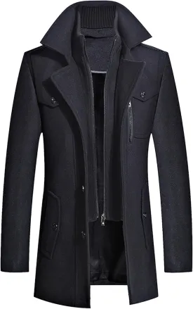 JEKE-DG Men's Winter Warm Wool Coats Slim Fit Single Breasted Trench Jacket Windproof Classic Overcoat Zipper Coat