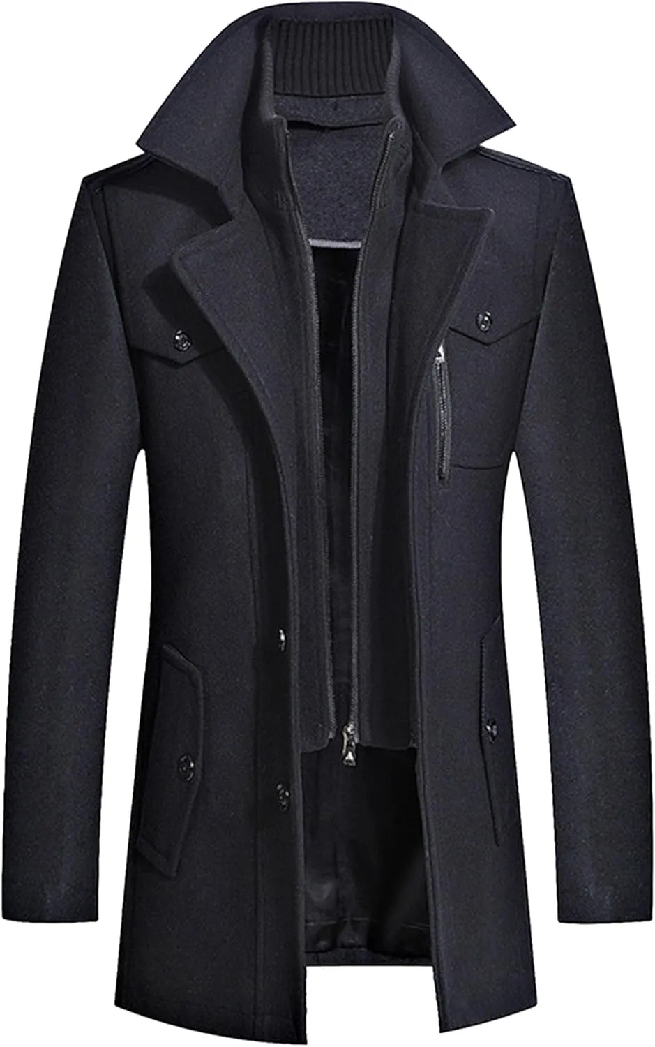 JEKE-DG Men's Winter Warm Wool Coats Slim Fit Single Breasted Trench Jacket Windproof Classic Overcoat Zipper Coat