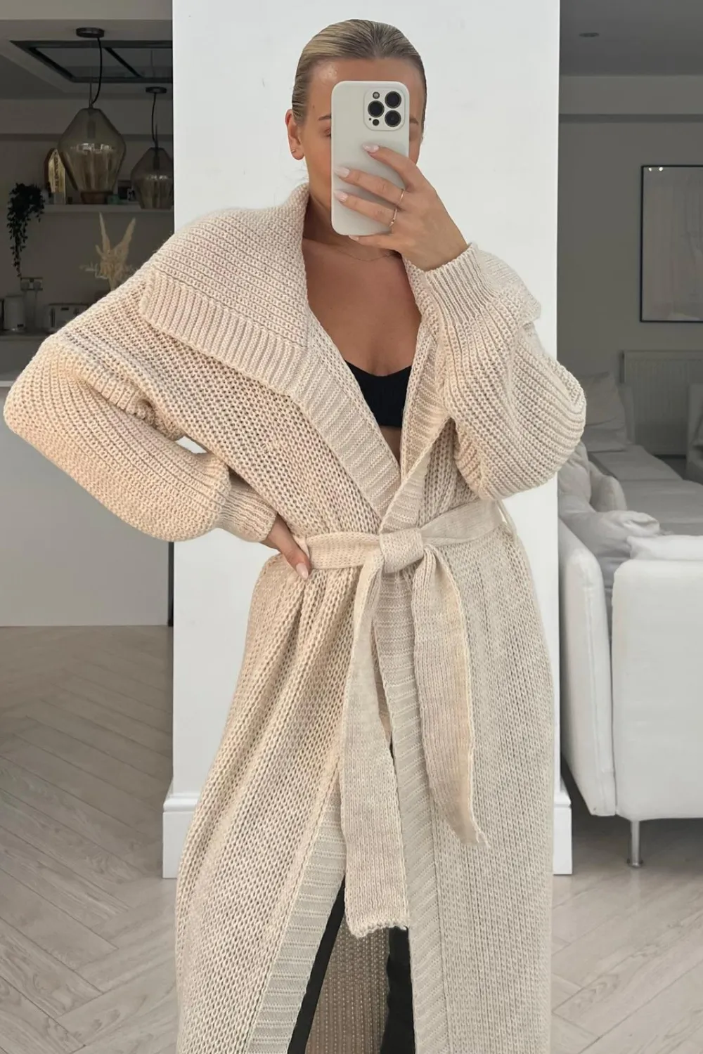 Jenn cream knitted long belted cardigan