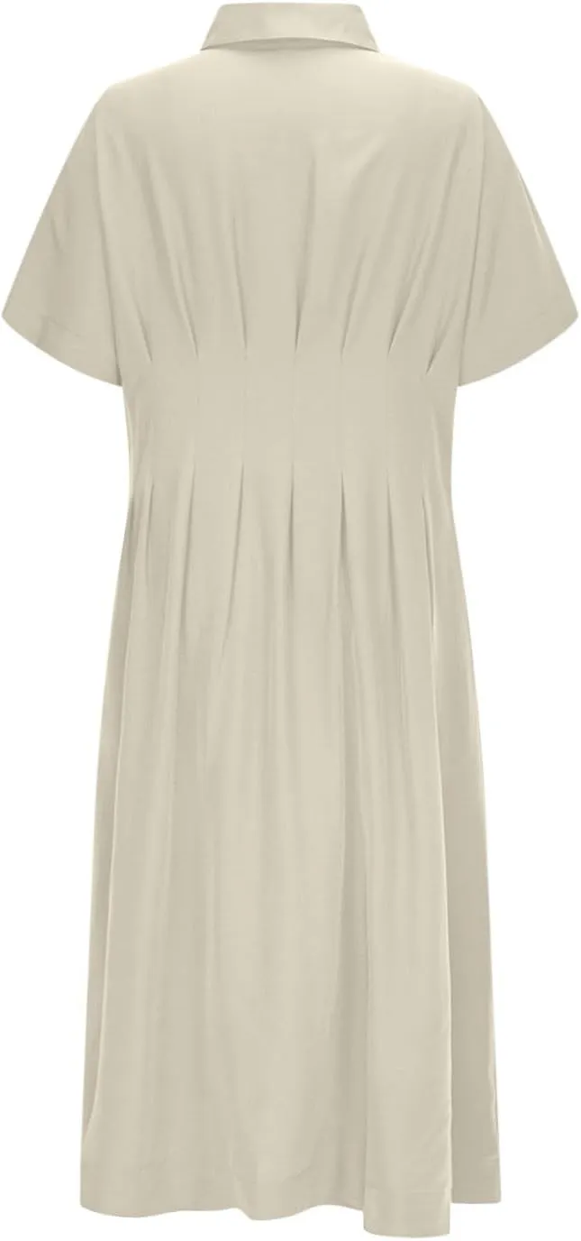JOAU Women V Neck Button Down Front Pleated Shirt Midi Dress Summer Short Sleeve Lapel Collar A-Line Beach Vacation Dresses