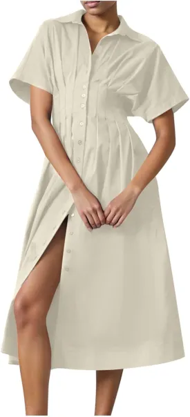JOAU Women V Neck Button Down Front Pleated Shirt Midi Dress Summer Short Sleeve Lapel Collar A-Line Beach Vacation Dresses