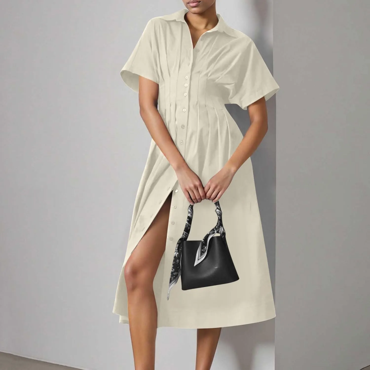 JOAU Women V Neck Button Down Front Pleated Shirt Midi Dress Summer Short Sleeve Lapel Collar A-Line Beach Vacation Dresses