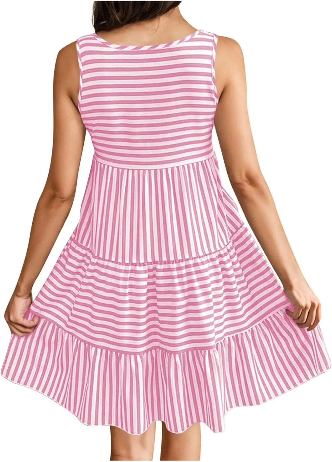 JOAU Women's Summer Boho Striped Print Mini Tank Dress Beach Vacation Casual Sleeveless Tiered Ruffle Swing A Line Sundress