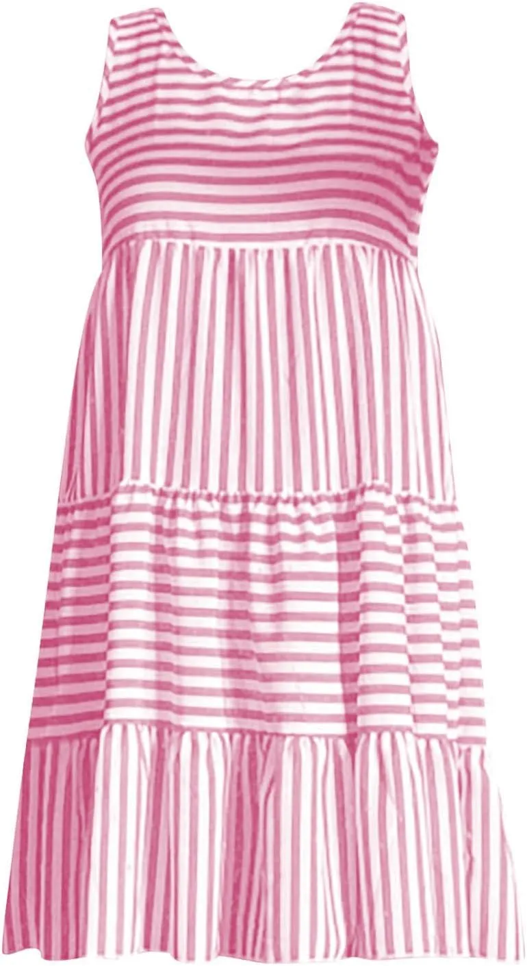 JOAU Women's Summer Boho Striped Print Mini Tank Dress Beach Vacation Casual Sleeveless Tiered Ruffle Swing A Line Sundress
