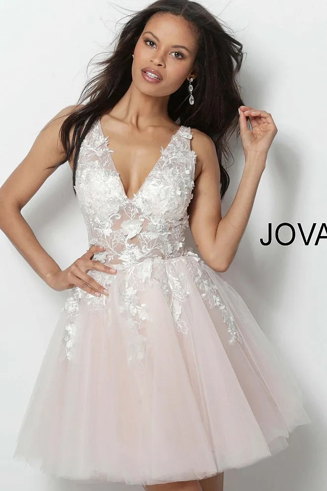 Jovani 63987 Floral Appliqués Homecoming Dress Prom Dress Tulle Floral Cocktail Gown