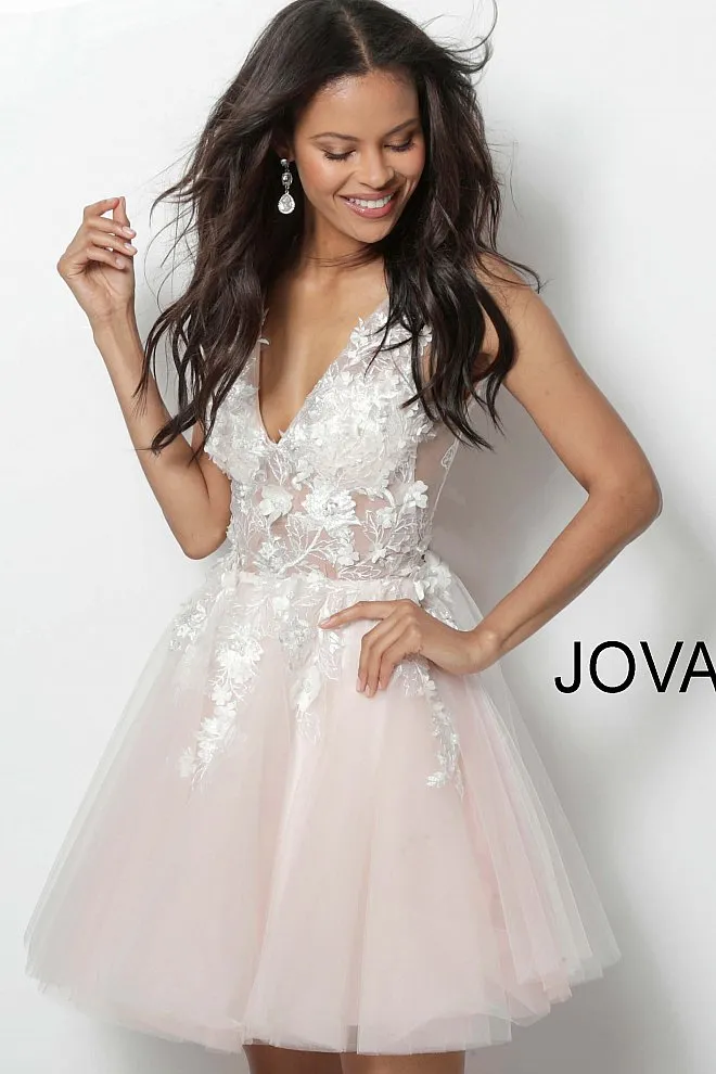 Jovani 63987 Floral Appliqués Homecoming Dress Prom Dress Tulle Floral Cocktail Gown