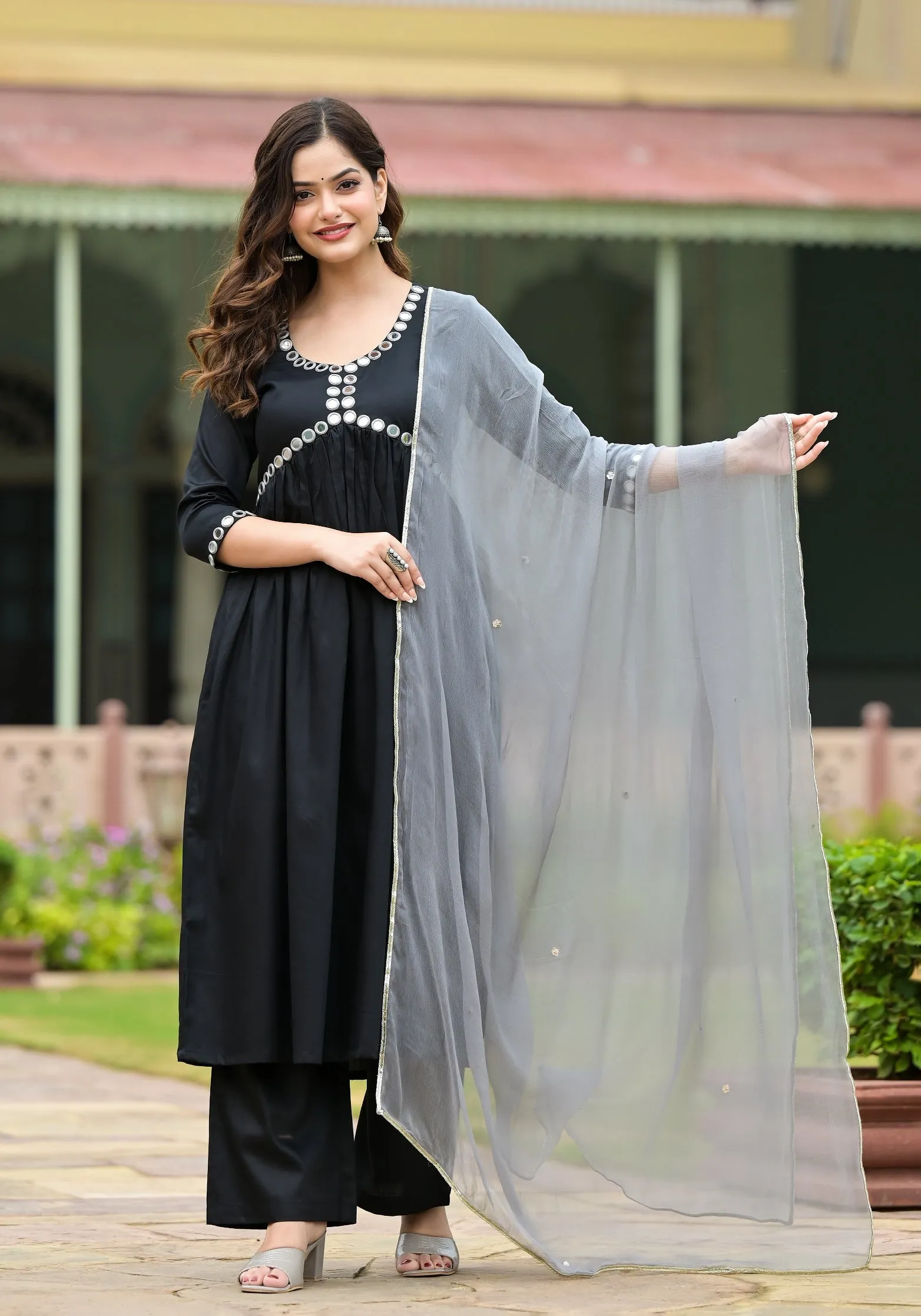 Kalankriti Black Cotton Alia Cut Handwork Suit Set