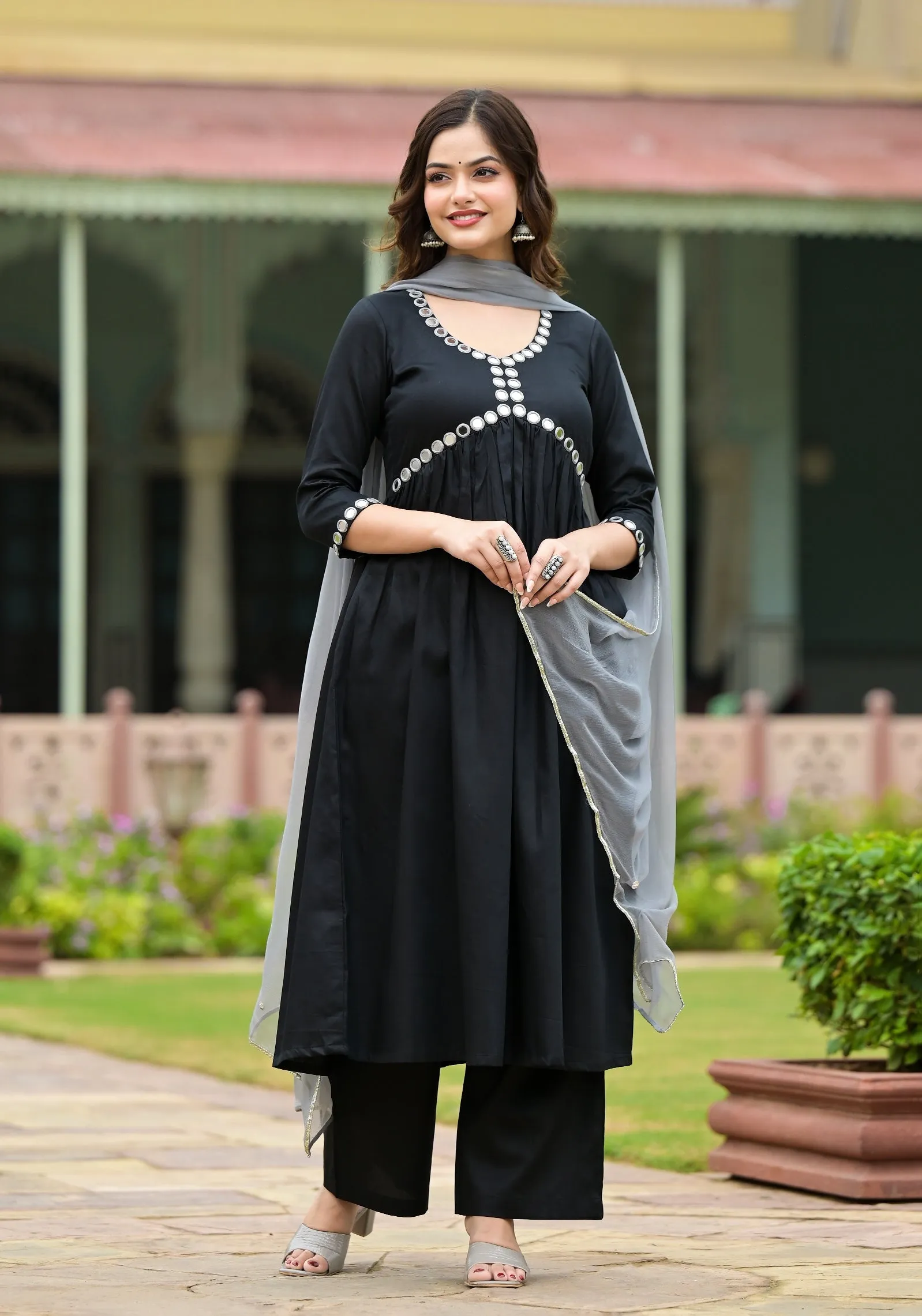 Kalankriti Black Cotton Alia Cut Handwork Suit Set