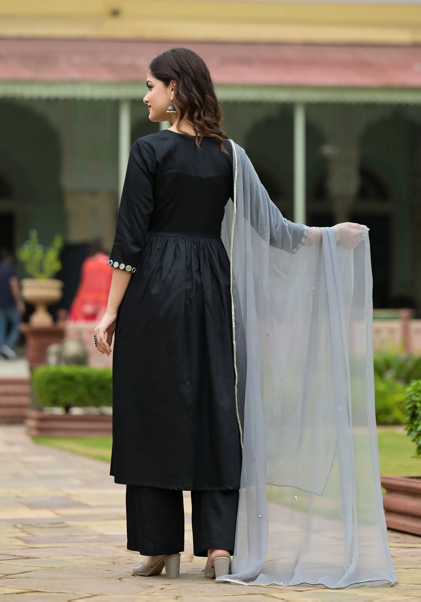 Kalankriti Black Cotton Alia Cut Handwork Suit Set