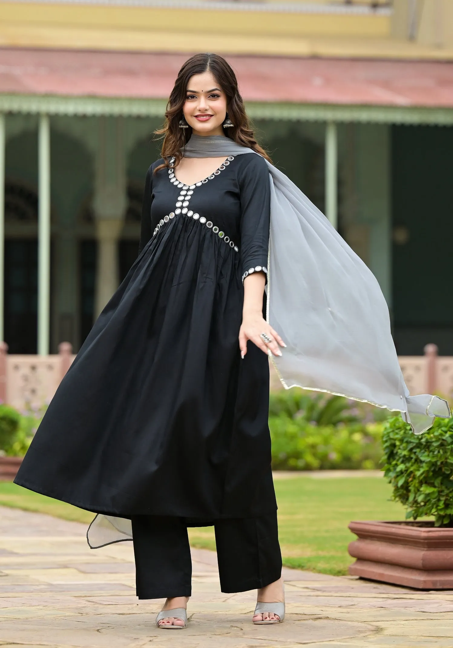 Kalankriti Black Cotton Alia Cut Handwork Suit Set