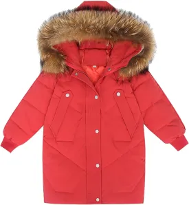 Kids Winter Coat Boys Girls Warm Down Puffer Jacket with Furry Hood Clothes Parka Padded Jacket (Red, 11-12 Years)