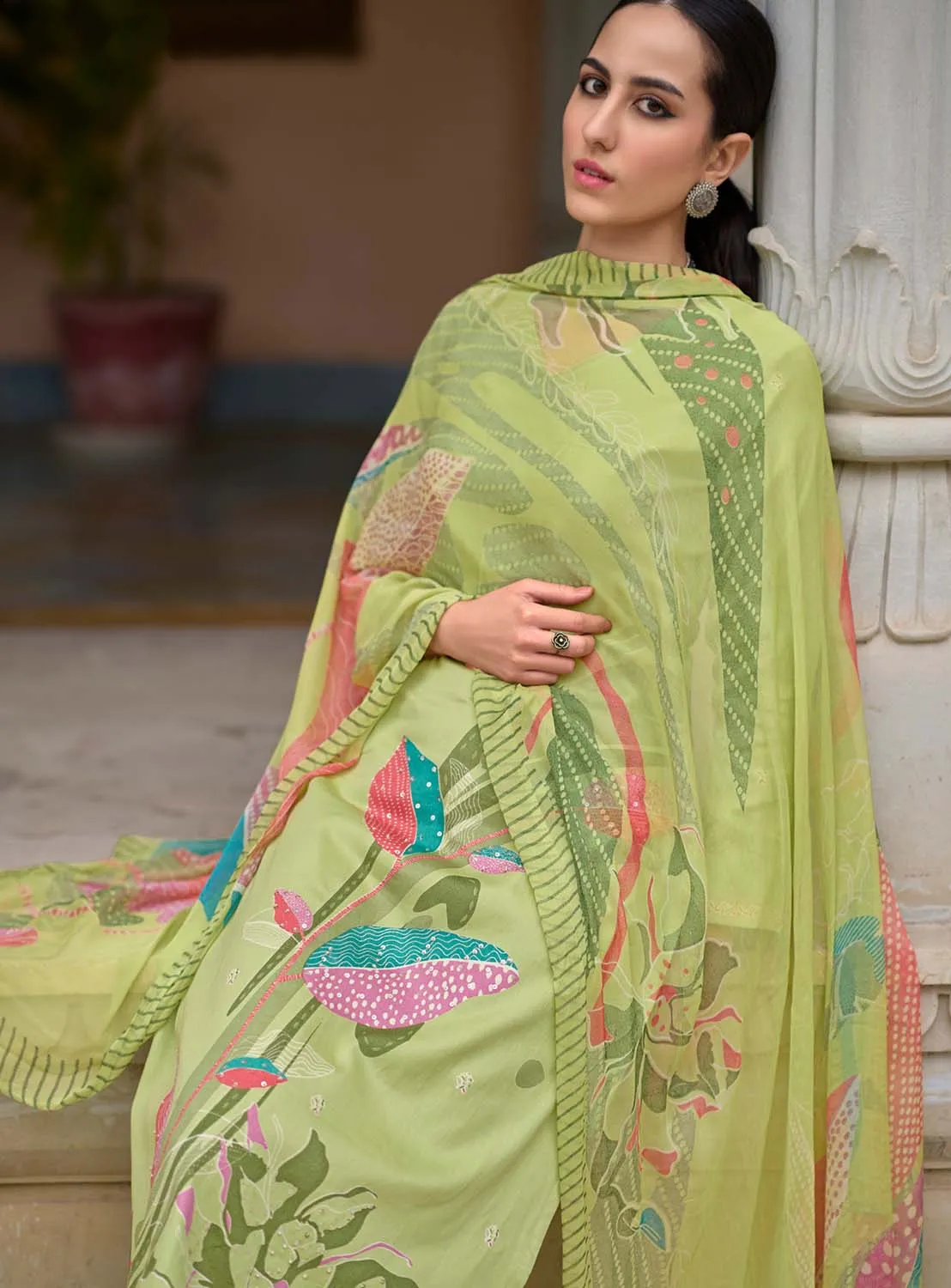 Kilory Green Unstitched Cotton Salwar Suit Material with Hand Work