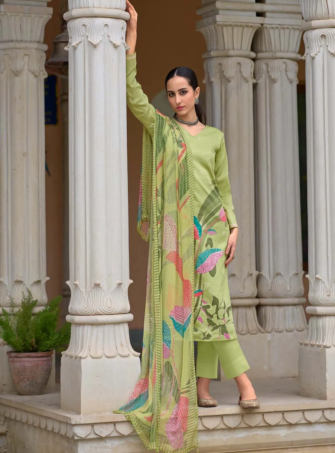 Kilory Green Unstitched Cotton Salwar Suit Material with Hand Work