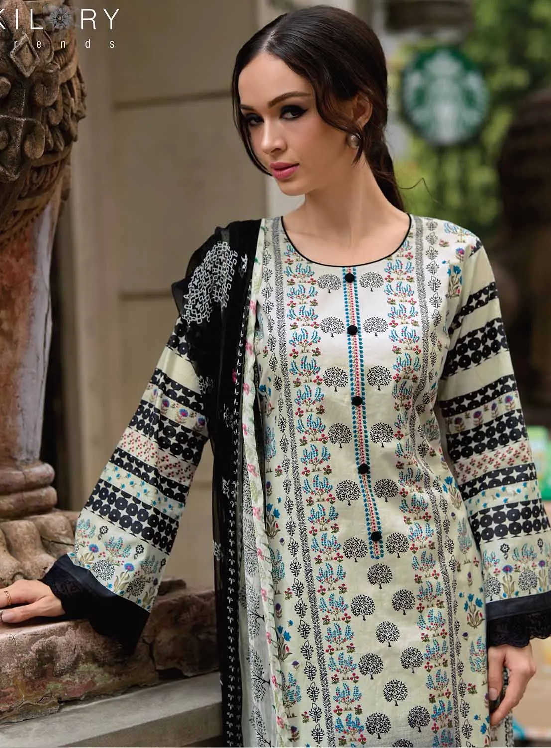 Kilory Unstitched Pure Lawn Cotton Off-White Suit Material for Women