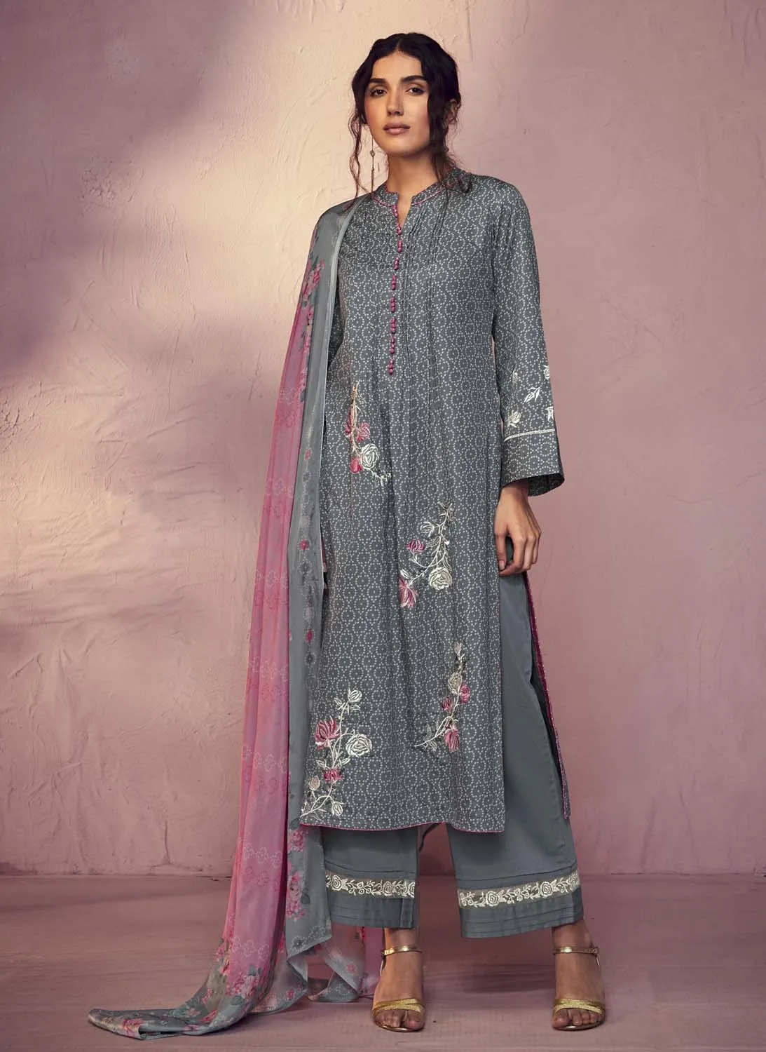 Kimora Grey Cotton Satin Unstitched Suit Dress Material for Women