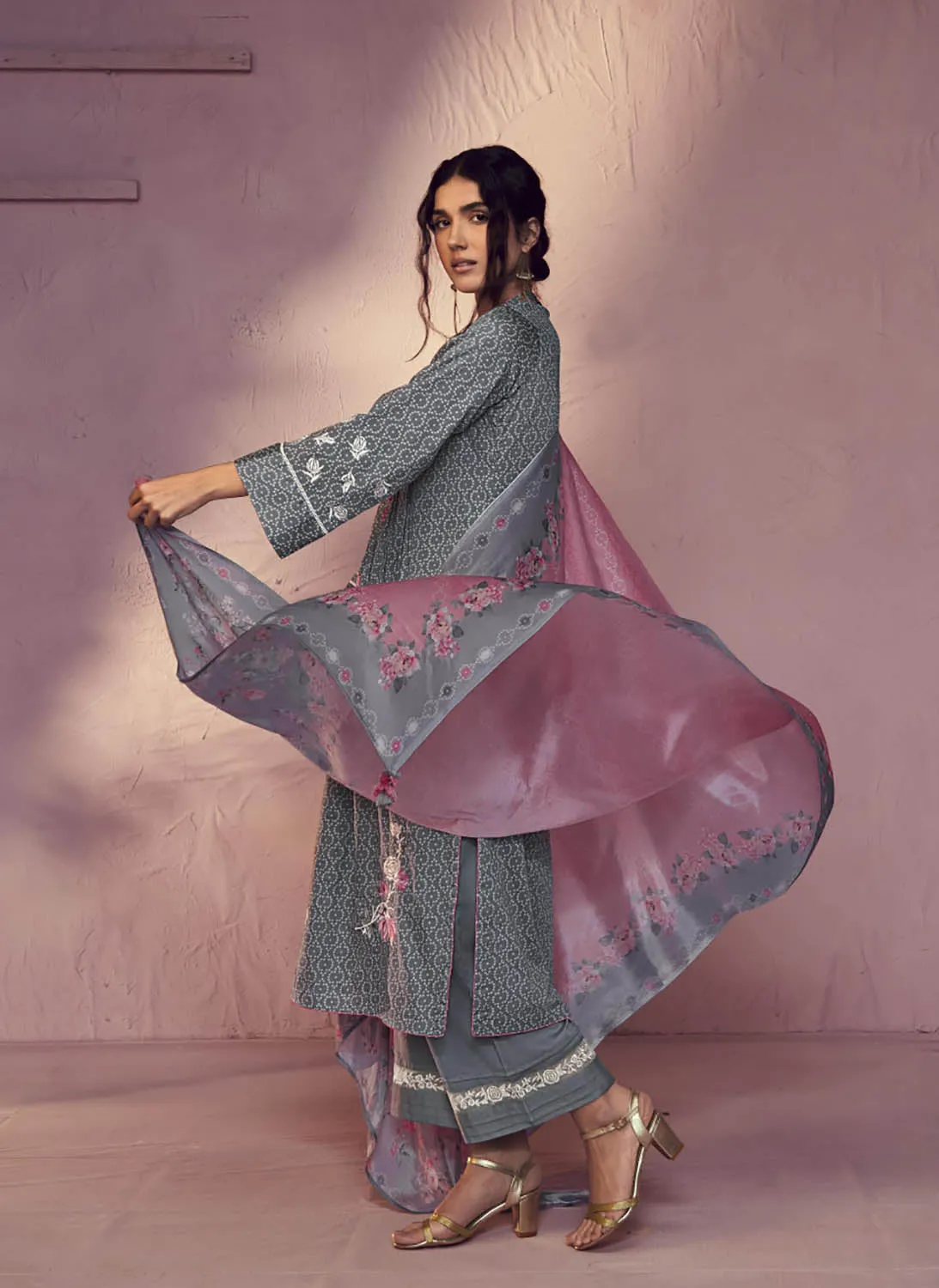Kimora Grey Cotton Satin Unstitched Suit Dress Material for Women