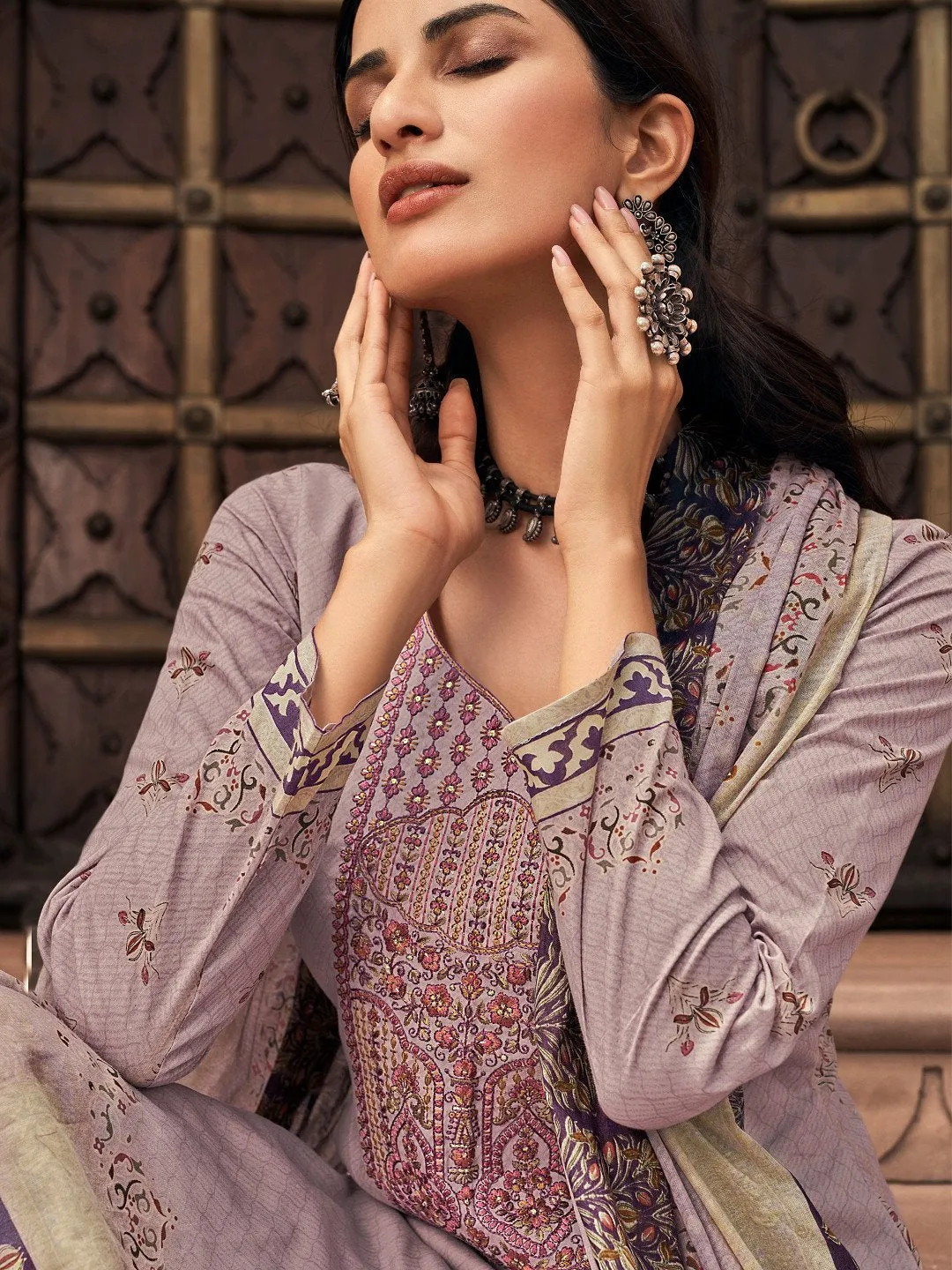 Lawn Cotton Purple Unstitched Suit Material with Embroidery