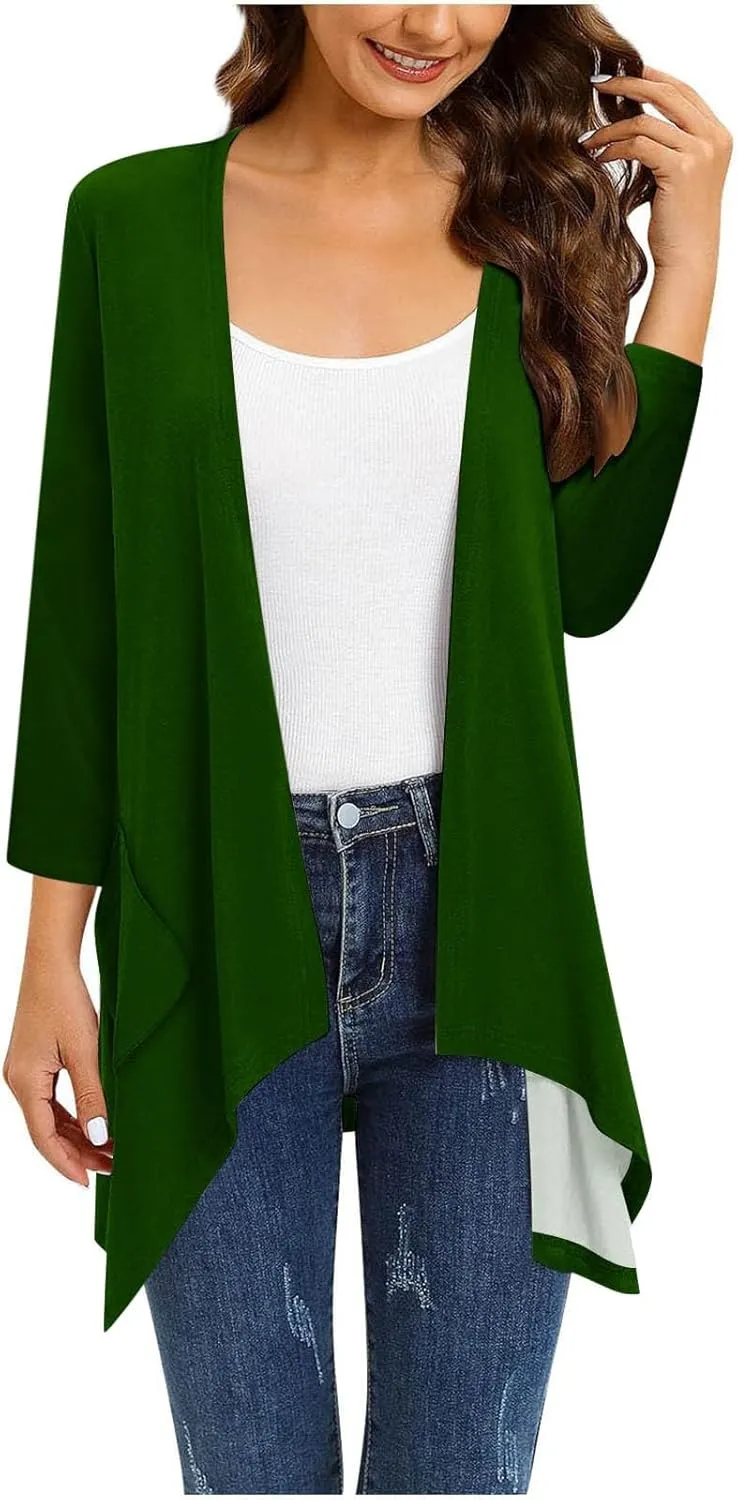Lightweight Cardigans for Women Plus Size Long Sleeve Open Front Solid Color Cover Ups Irregular Hem Draped Dusters