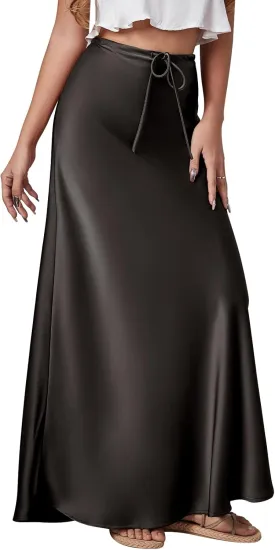 Long Silk Skirt Women's Spring Summer Satin Silk High Waist Drawstring Ruffle A Line Maxi Skirt