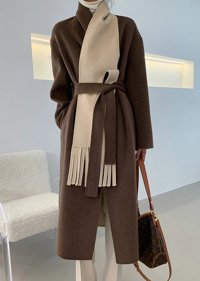 Loose Brown V Neck Tie Waist Double Sided Cashmere Long Coat Fall LY9809