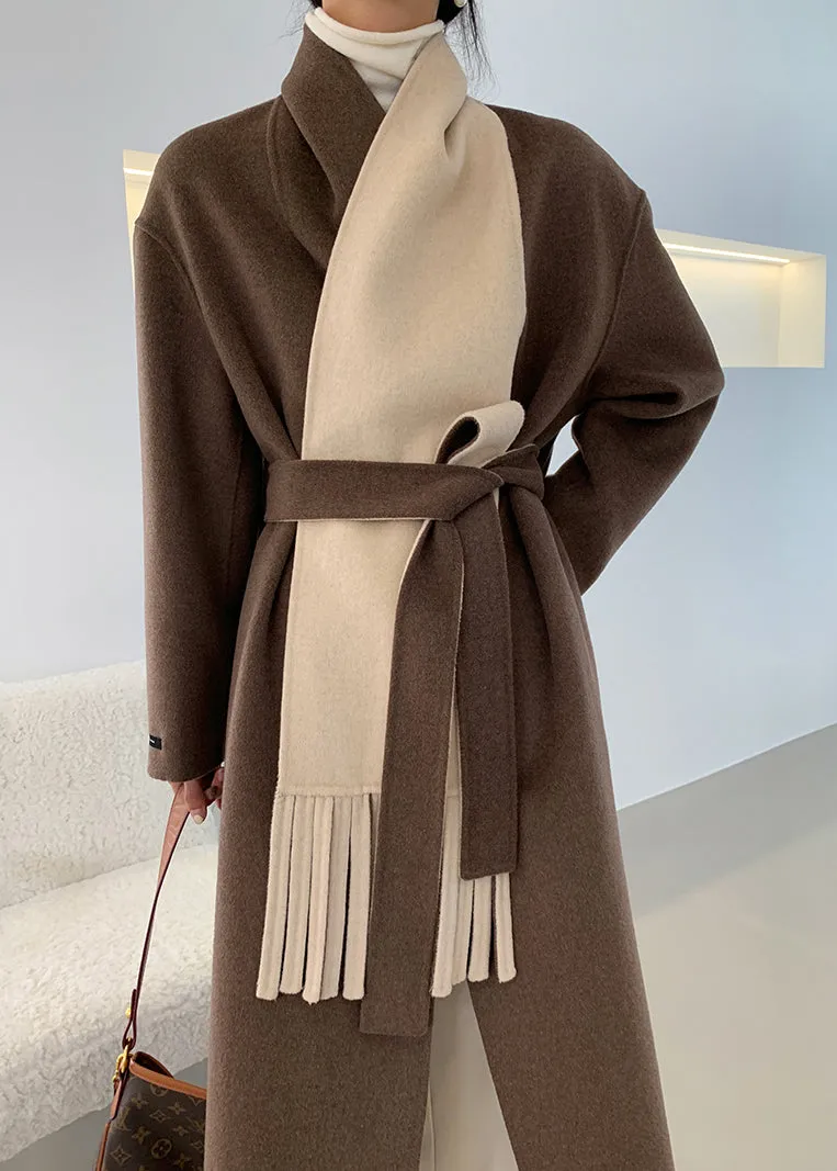 Loose Brown V Neck Tie Waist Double Sided Cashmere Long Coat Fall LY9809