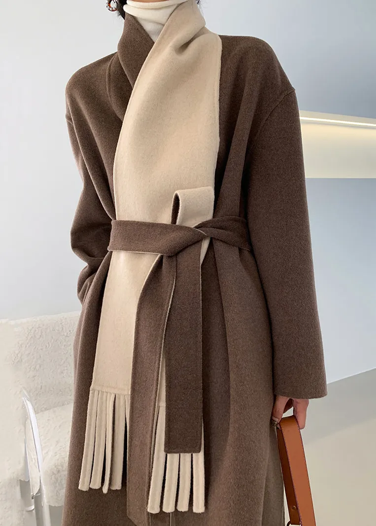 Loose Brown V Neck Tie Waist Double Sided Cashmere Long Coat Fall LY9809