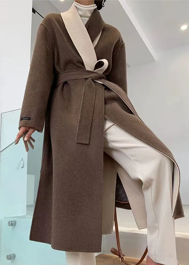 Loose Brown V Neck Tie Waist Double Sided Cashmere Long Coat Fall LY9809