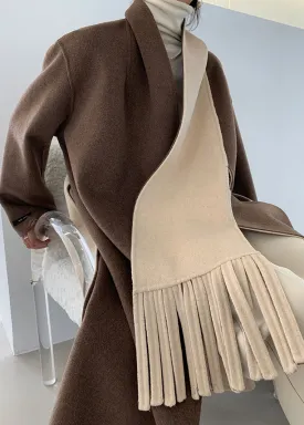 Loose Brown V Neck Tie Waist Double Sided Cashmere Long Coat Fall LY9809