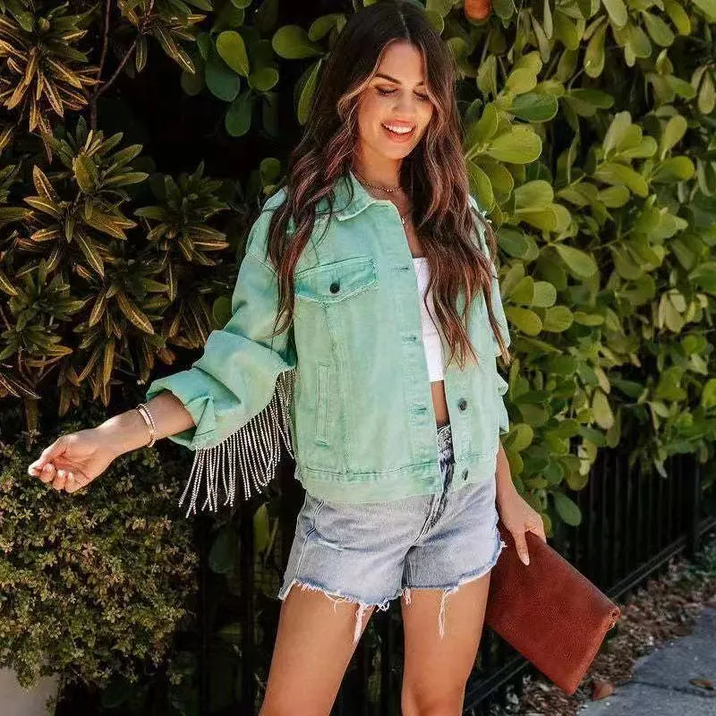 Mandy Vintage Denim Rhinestone Fringe Jacket