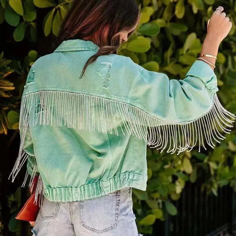 Mandy Vintage Denim Rhinestone Fringe Jacket