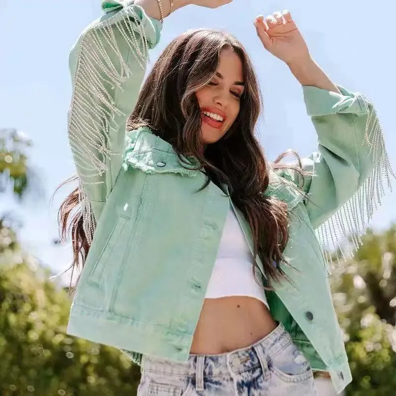 Mandy Vintage Denim Rhinestone Fringe Jacket