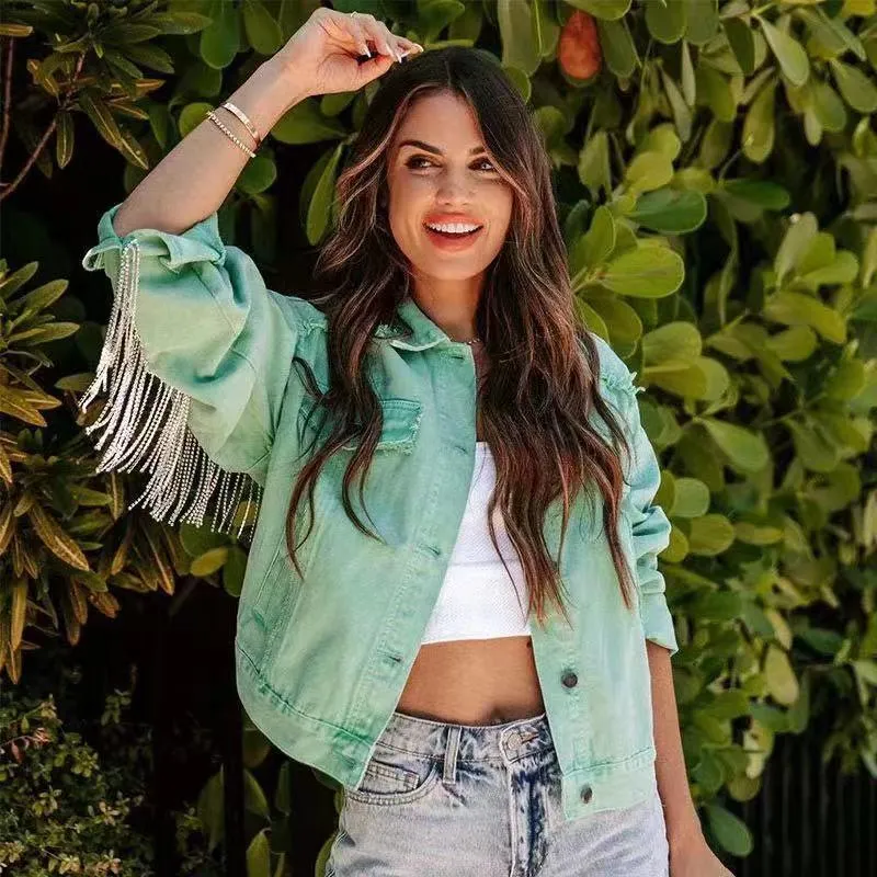 Mandy Vintage Denim Rhinestone Fringe Jacket