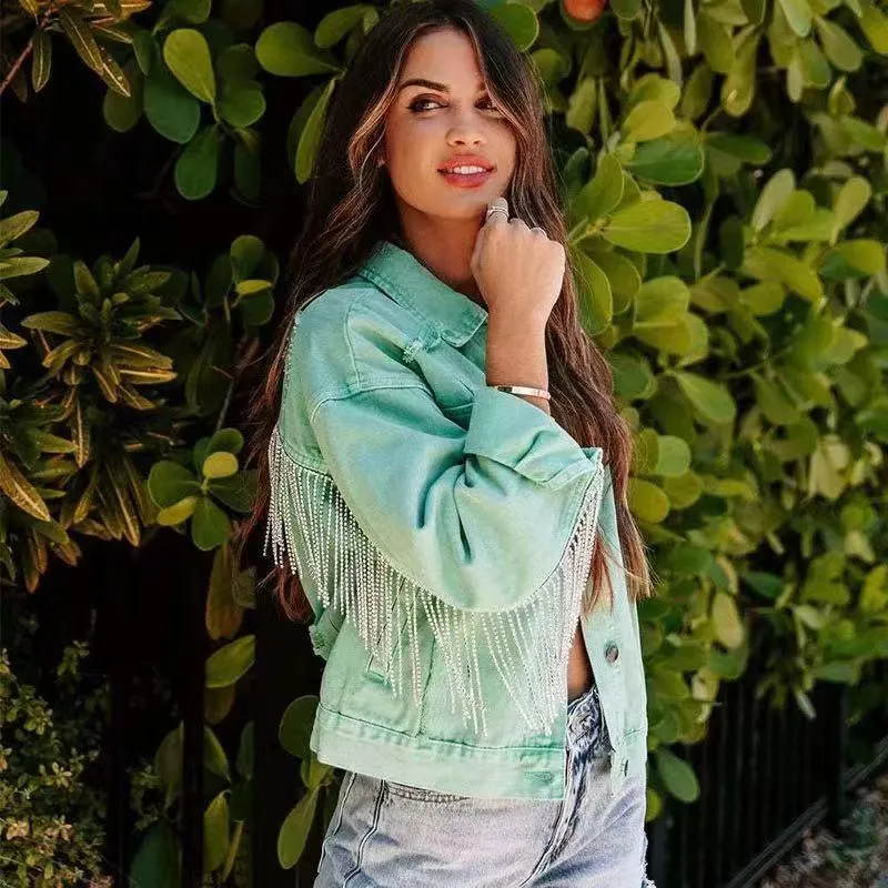 Mandy Vintage Denim Rhinestone Fringe Jacket